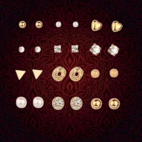 🔥12 Pair 14K Gold Silver Simple Classic Crystal Pearl Spark Stud Earrings, F273 - Picture 7 of 9